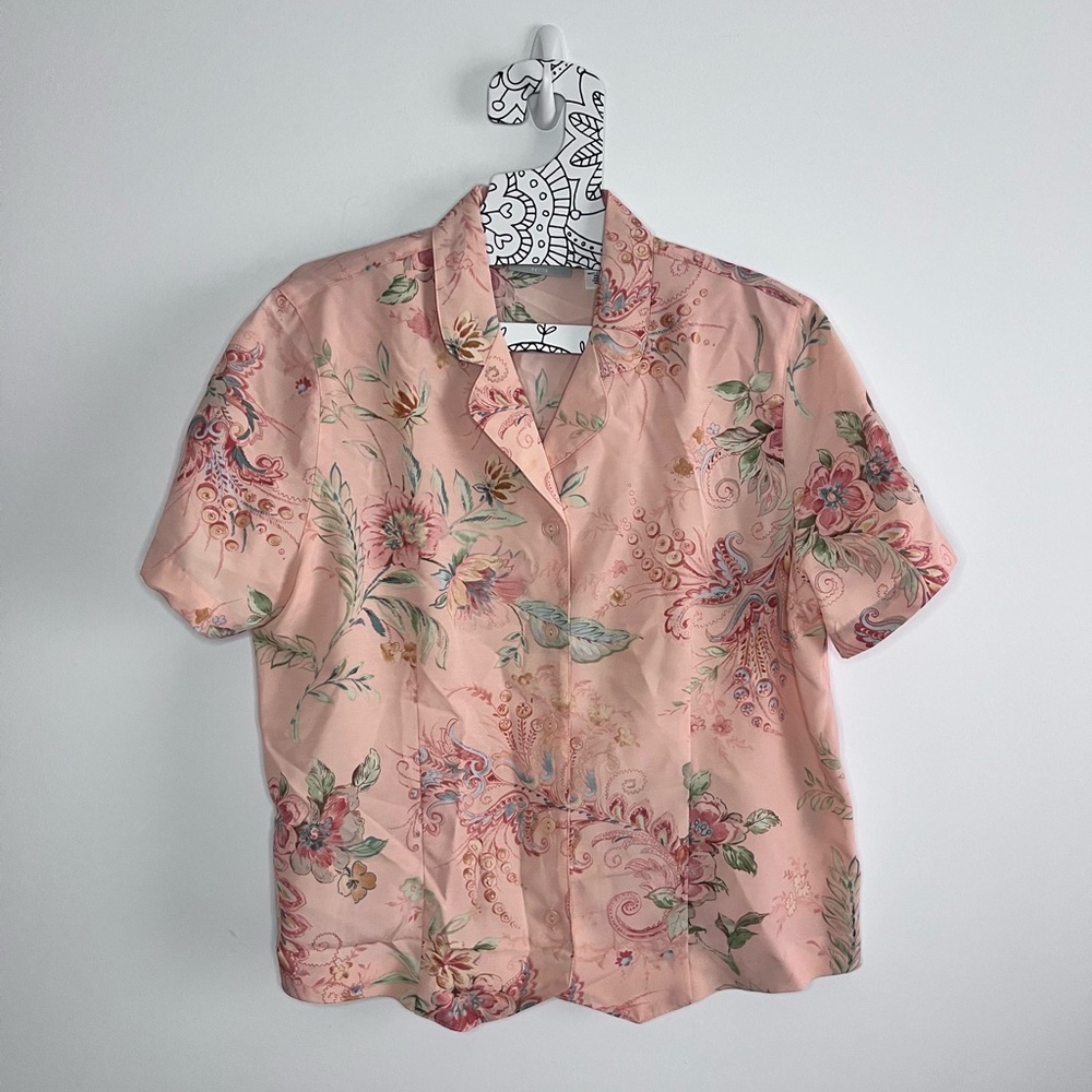 Alfred Dunner Top Womens Large Pink Floral Sheer Button Up V-Neck  14p
